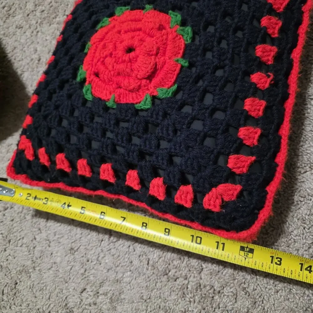 Handmade Crocheted Granny Square 3D Rose Floral Afghan Blanket 57”X38” & Pillow
